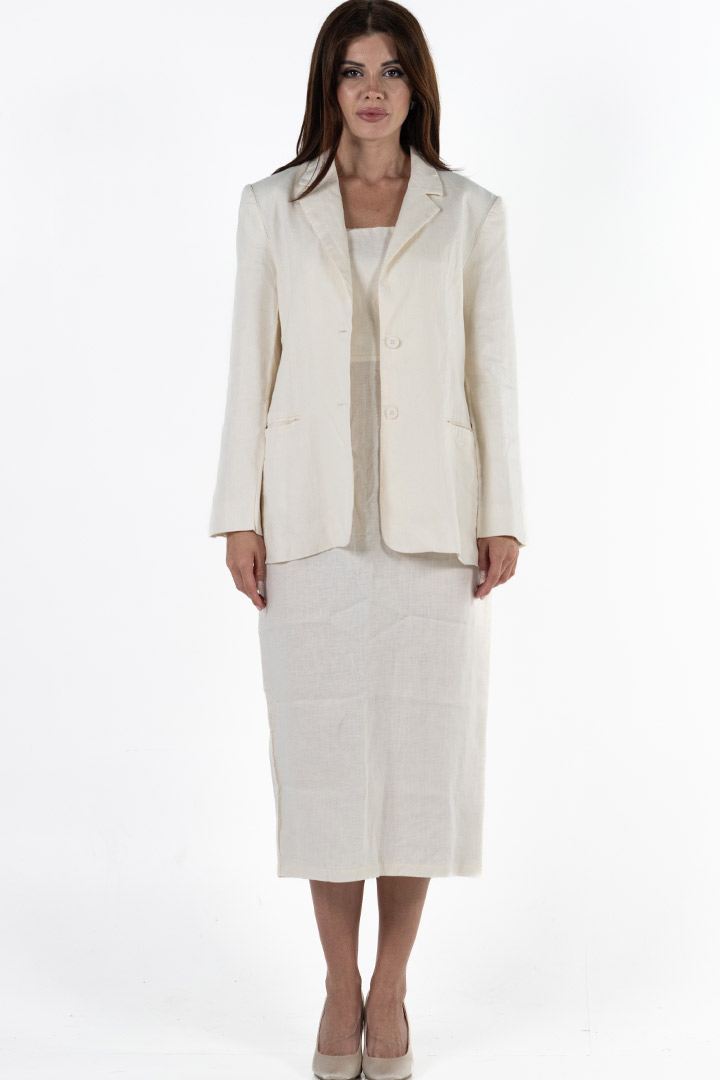 Picture of 100% Linen Blazer and Midi Dress Set - Beige