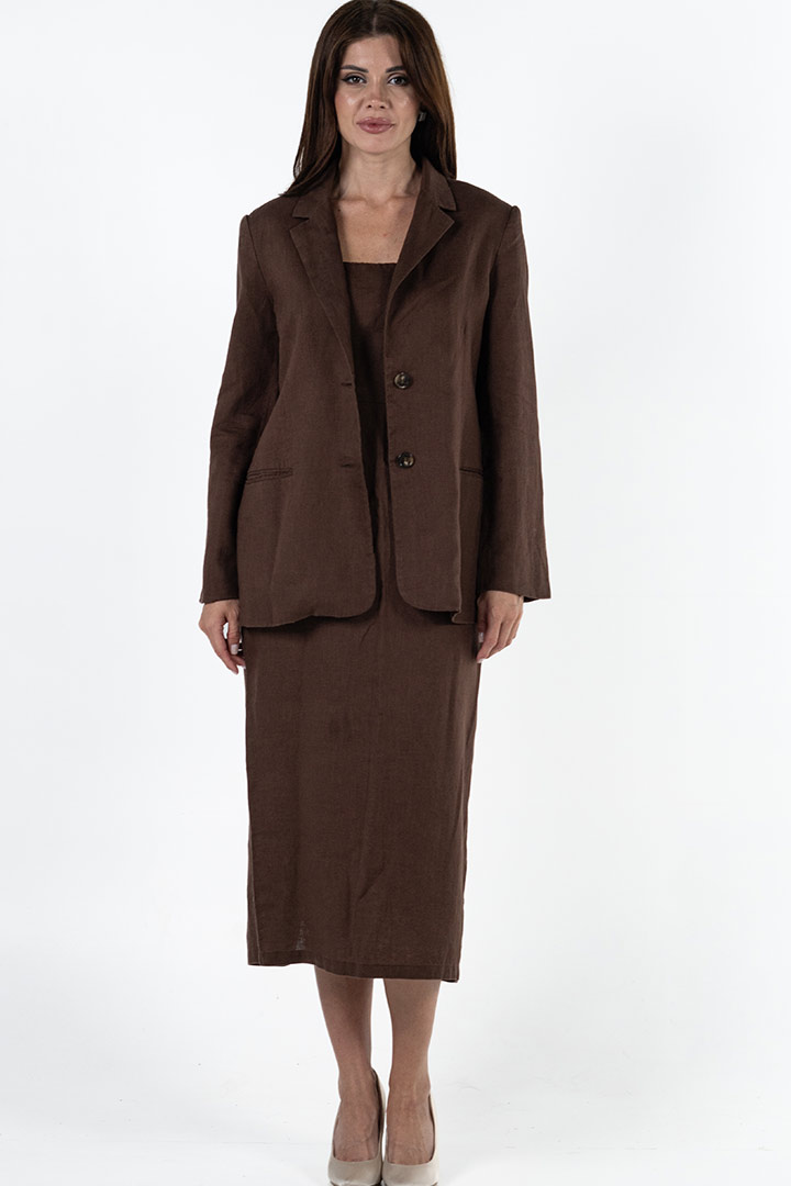 Picture of 100% Linen Blazer and Midi Dress Set - Brown