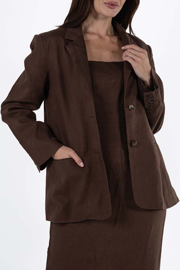 Picture of 100% Linen Blazer and Midi Dress Set - Brown