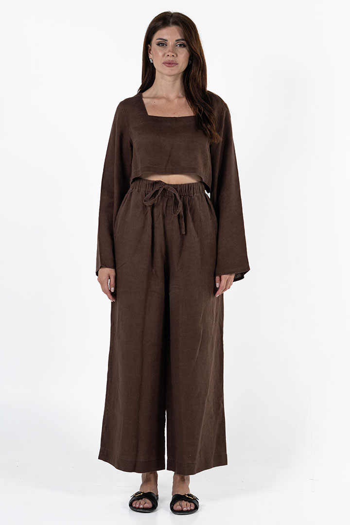 Picture of 100% Linen Relaxed Top & Pant Set - Brown